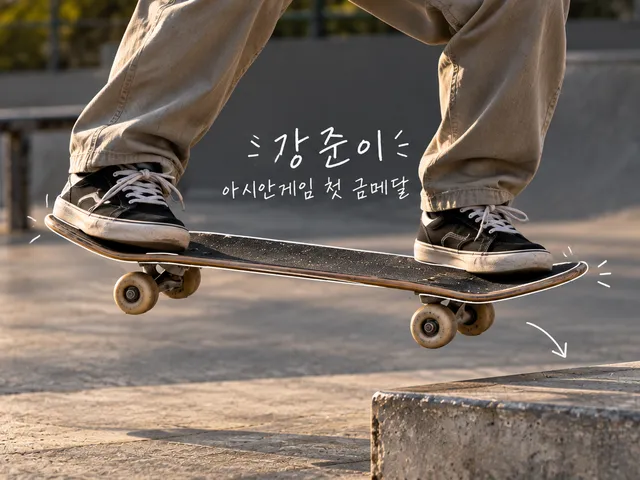 낮은 연석 옆 공중에 뜬 보드와 익명의 스케이터 발을 가까이서 담은 AI 생성 이미지. 강준이 선수의 아시안게임 스케이트보드 금메달을 다룬 손글씨가 있다.