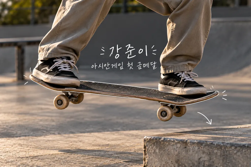 낮은 연석 옆 공중에 뜬 보드와 익명의 스케이터 발을 가까이서 담은 AI 생성 이미지. 강준이 선수의 아시안게임 스케이트보드 금메달을 다룬 손글씨가 있다.
