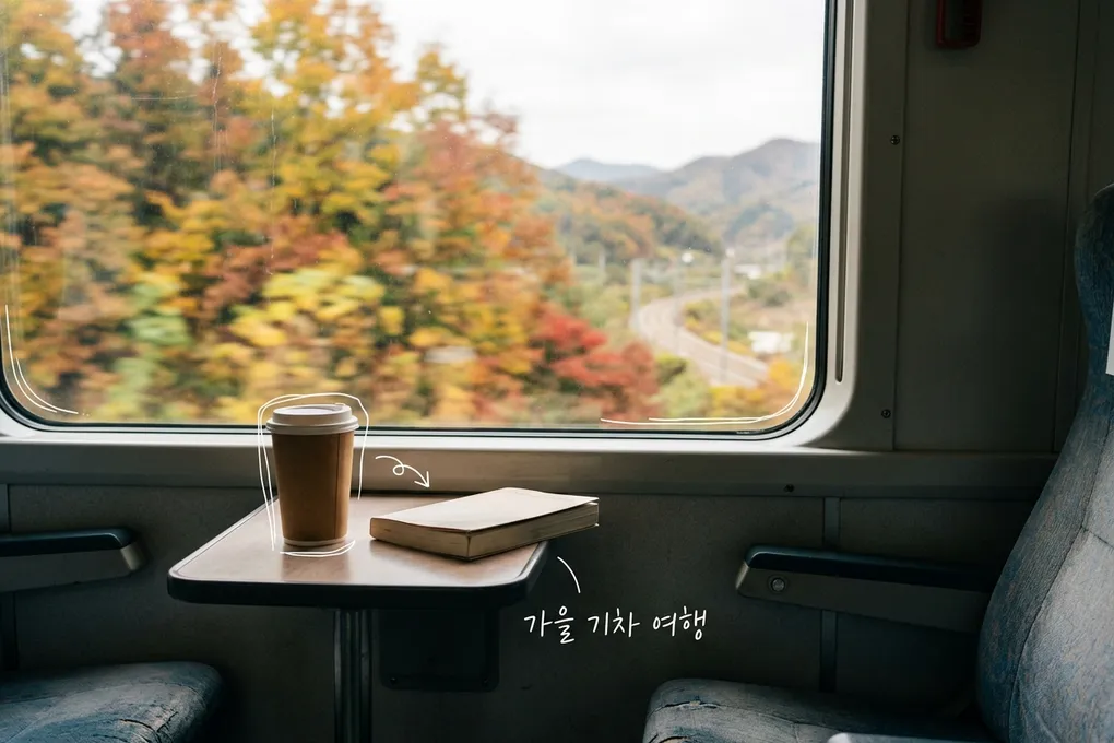 기차 창가 접이식 테이블 위의 종이컵과 책, 창밖으로 지나가는 노랗고 붉은 단풍을 담은 AI 생성 이미지. 흰 선과 ‘가을 기차 여행’ 손글씨가 얹혀 있다.