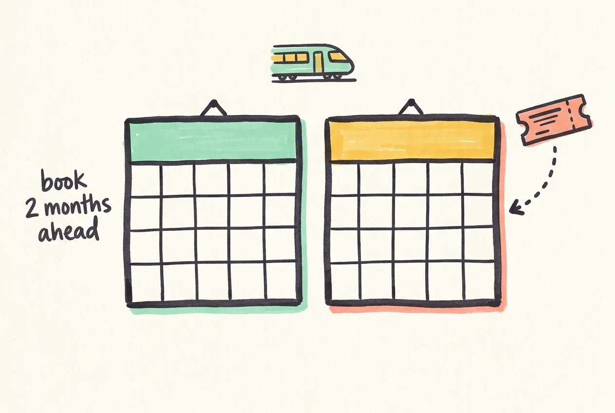 Marker-drawn illustration of a train and a ticket pointing to the second of two blank calendars, with the handwritten note 'book 2 months ahead'