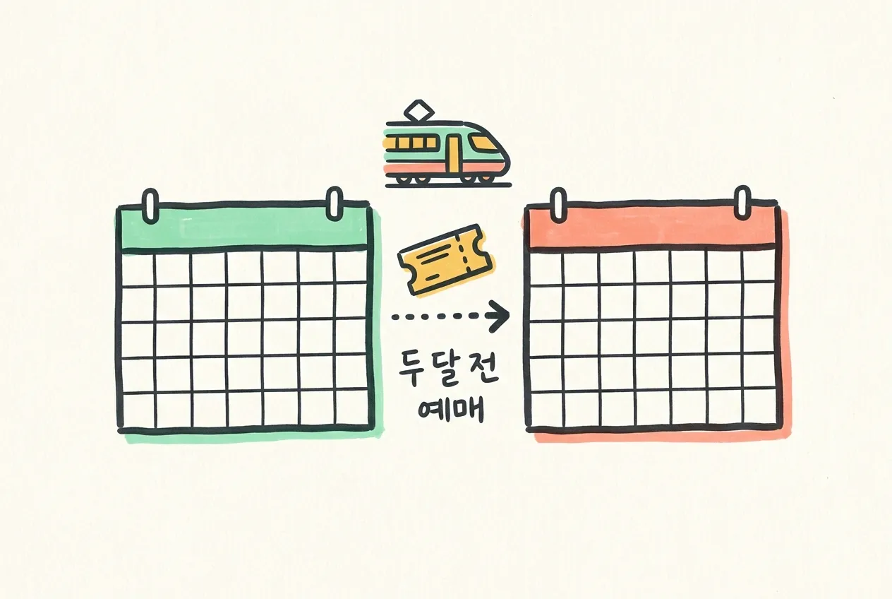 기차와 열차표 아이콘, 빈 달력 두 칸과 ‘두달전 예매’ 손글씨를 마커로 그린 일러스트