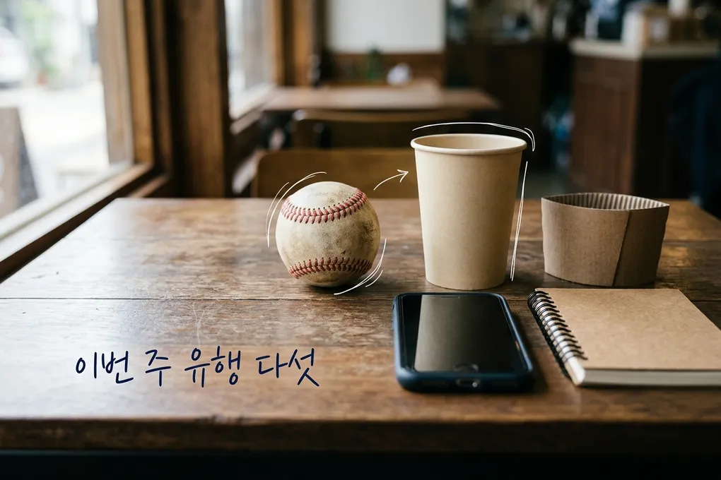 나무 카페 테이블 위에 야구공, 종이컵, 컵 홀더, 스마트폰, 노트가 나란히 놓인 AI 생성 이미지. 흰 선과 ‘이번 주 유행 다섯’ 손글씨가 얹혀 있다.