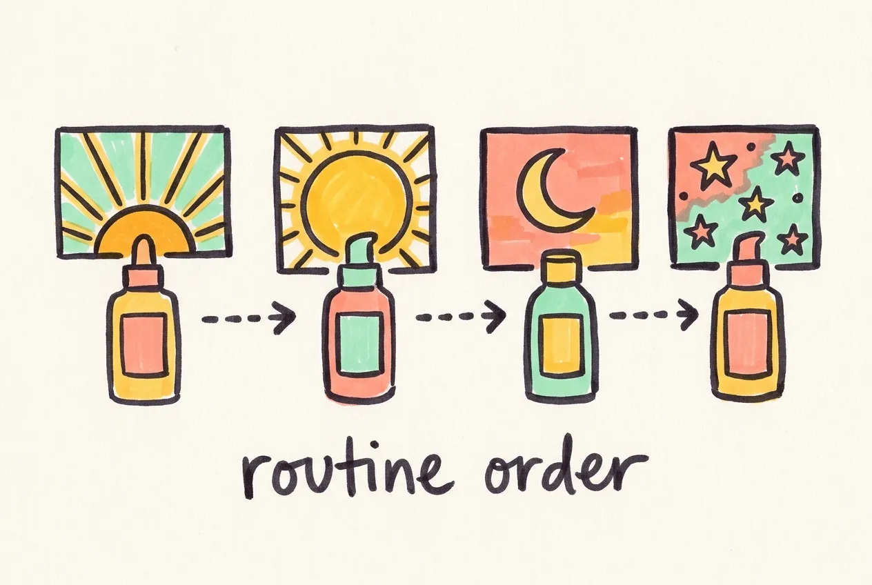 Marker illustration of four icons for morning, noon, evening and night, each above a bottle, labeled routine order