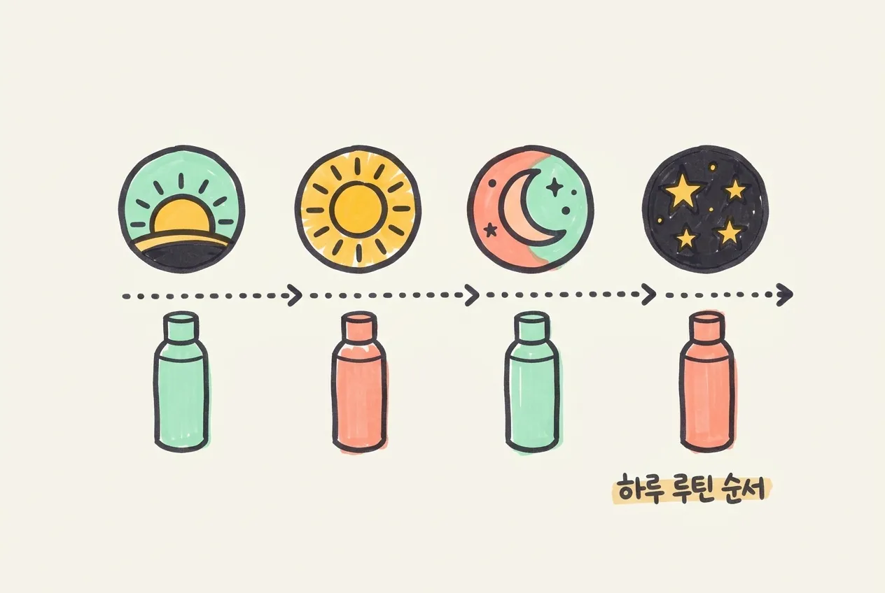 아침·낮·저녁·밤을 상징하는 네 개의 아이콘 아래 각각 병이 놓인 마커 일러스트