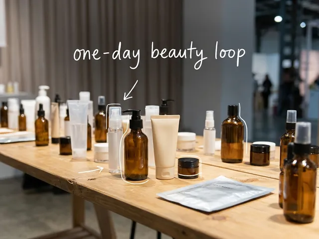 AI-generated long table with unlabeled skincare bottles, jars and a sheet-mask pouch in a bright exhibition hall. White lines trace a few bottles, with the handwritten note one-day beauty loop.