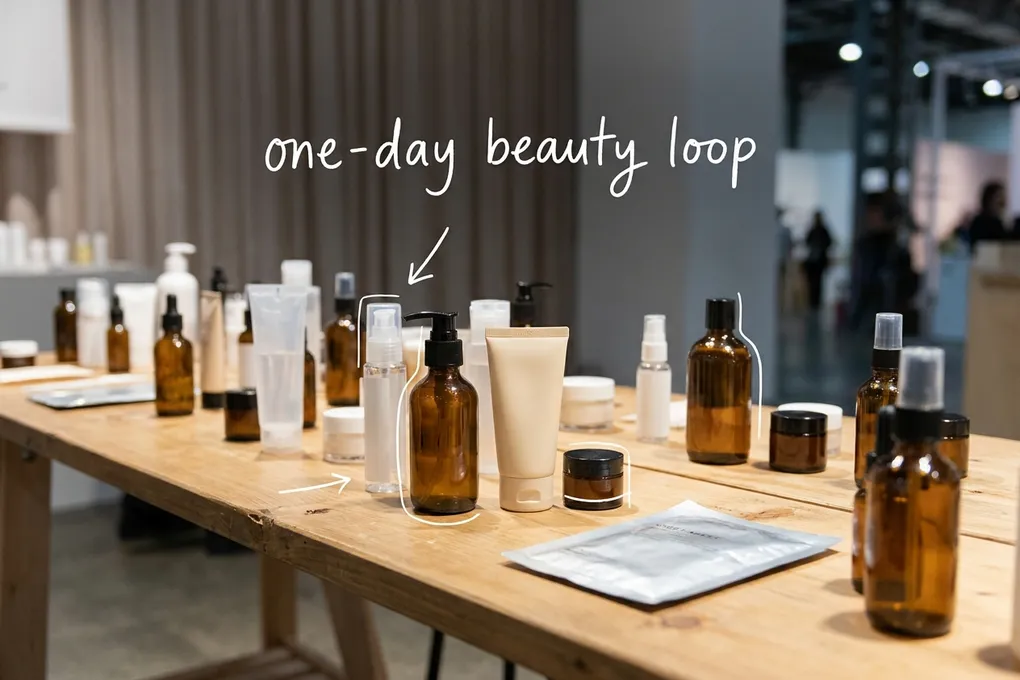 AI-generated long table with unlabeled skincare bottles, jars and a sheet-mask pouch in a bright exhibition hall. White lines trace a few bottles, with the handwritten note one-day beauty loop.