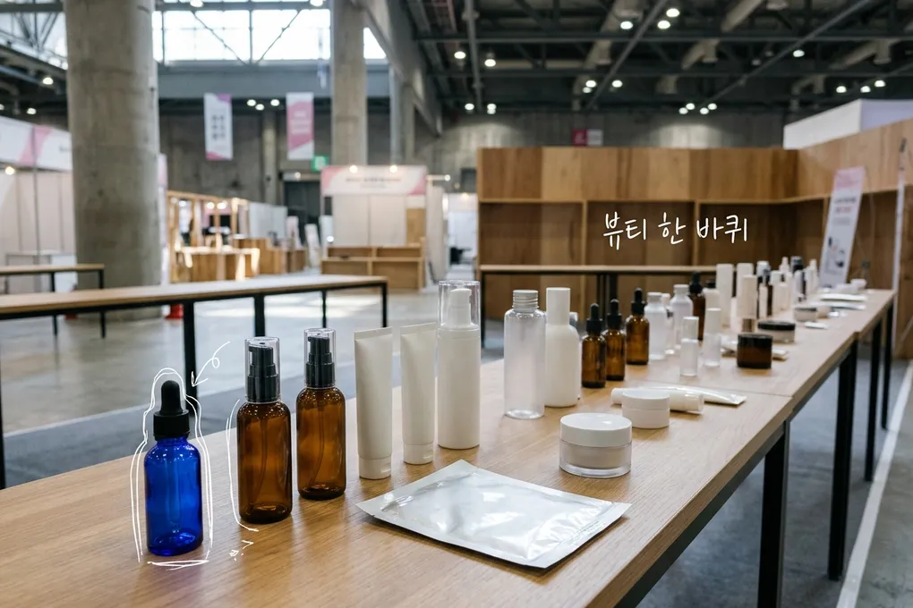 전시장 안 긴 테이블 위에 라벨 없는 스킨케어 병과 튜브, 시트마스크 파우치가 놓인 AI 생성 이미지. 병 하나에 흰 선이 얹혀 있고 '뷰티 한 바퀴' 손글씨가 있다.