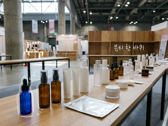 전시장 안 긴 테이블 위에 라벨 없는 스킨케어 병과 튜브, 시트마스크 파우치가 놓인 AI 생성 이미지. 병 하나에 흰 선이 얹혀 있고 '뷰티 한 바퀴' 손글씨가 있다.