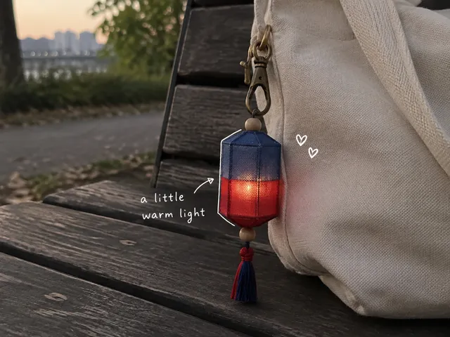 AI-generated blue-and-red lantern charm on a canvas bag, with a small white handwritten note; an imagined design, not the actual product.