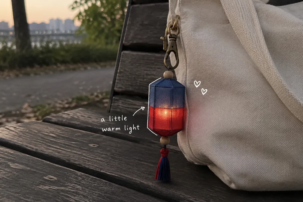 AI-generated blue-and-red lantern charm on a canvas bag, with a small white handwritten note; an imagined design, not the actual product.