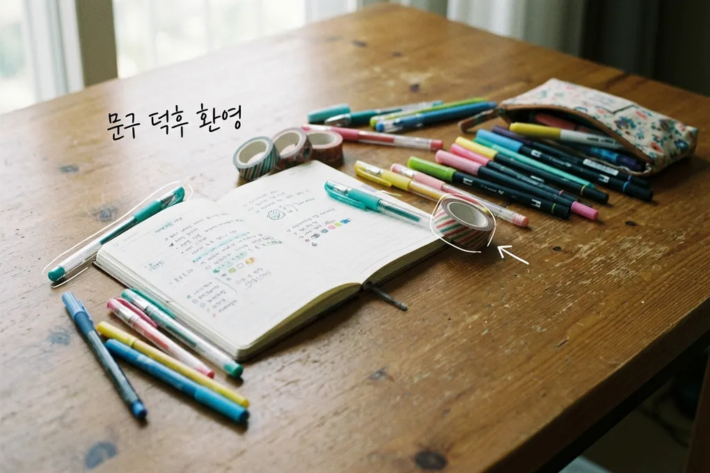 나무 테이블 위에 펼쳐진 다이어리와 형광펜, 마스킹테이프, 필통을 담은 AI 생성 이미지. 흰 선과 ‘문구 덕후 환영’ 손글씨가 얹혀 있다. 실제 팝업 현장 사진이 아니다.