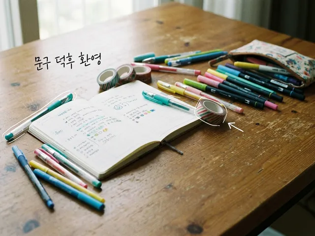 나무 테이블 위에 펼쳐진 다이어리와 형광펜, 마스킹테이프, 필통을 담은 AI 생성 이미지. 흰 선과 ‘문구 덕후 환영’ 손글씨가 얹혀 있다. 실제 팝업 현장 사진이 아니다.