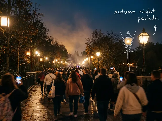 AI-generated view of visitors from behind on a dusky park path lined with glowing street lamps, some holding up phones, with thin white lines and the handwritten note 'autumn night parade'.