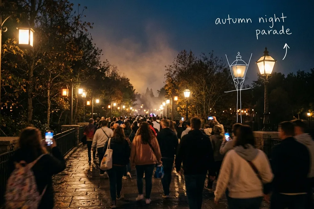 AI-generated view of visitors from behind on a dusky park path lined with glowing street lamps, some holding up phones, with thin white lines and the handwritten note 'autumn night parade'.