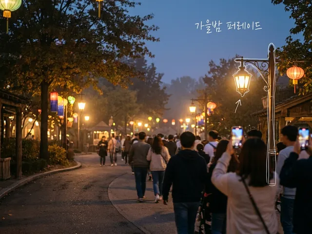 해 질 녘 놀이공원 산책로에 따뜻하게 켜진 가로등과 등불, 휴대폰을 들고 걷는 사람들의 뒷모습을 담은 AI 생성 이미지. 흰 선과 ‘가을밤 퍼레이드’ 손글씨가 얹혀 있다.