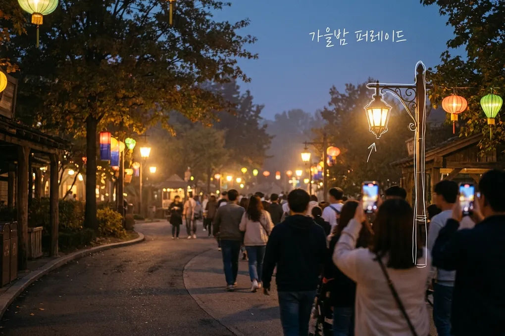해 질 녘 놀이공원 산책로에 따뜻하게 켜진 가로등과 등불, 휴대폰을 들고 걷는 사람들의 뒷모습을 담은 AI 생성 이미지. 흰 선과 ‘가을밤 퍼레이드’ 손글씨가 얹혀 있다.