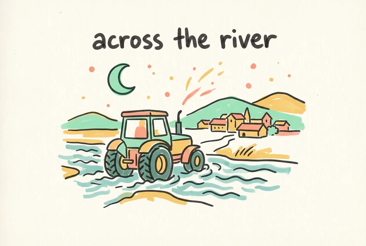 Marker illustration of a tractor crossing a river toward a small village under a crescent moon, labeled across the river