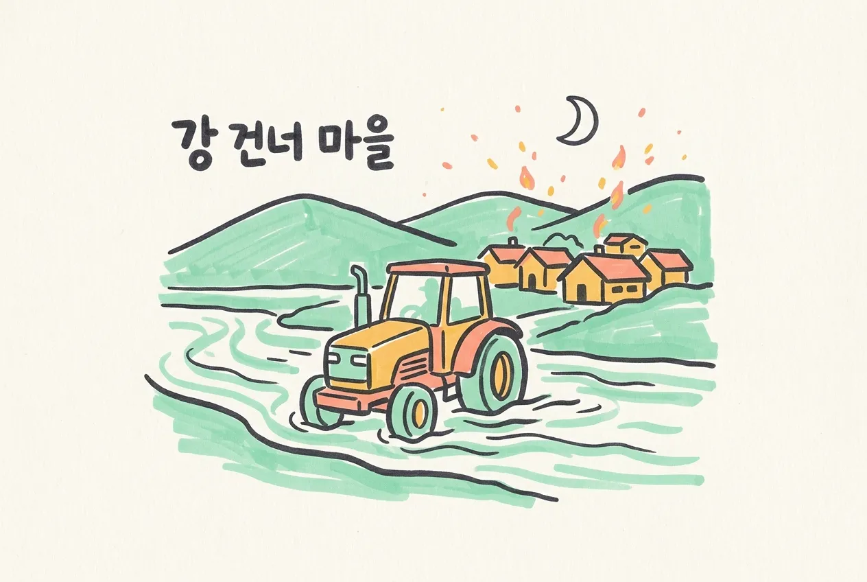강을 건너는 트랙터와 언덕 아래 작은 마을, 초승달과 불꽃을 마커로 그린 일러스트
