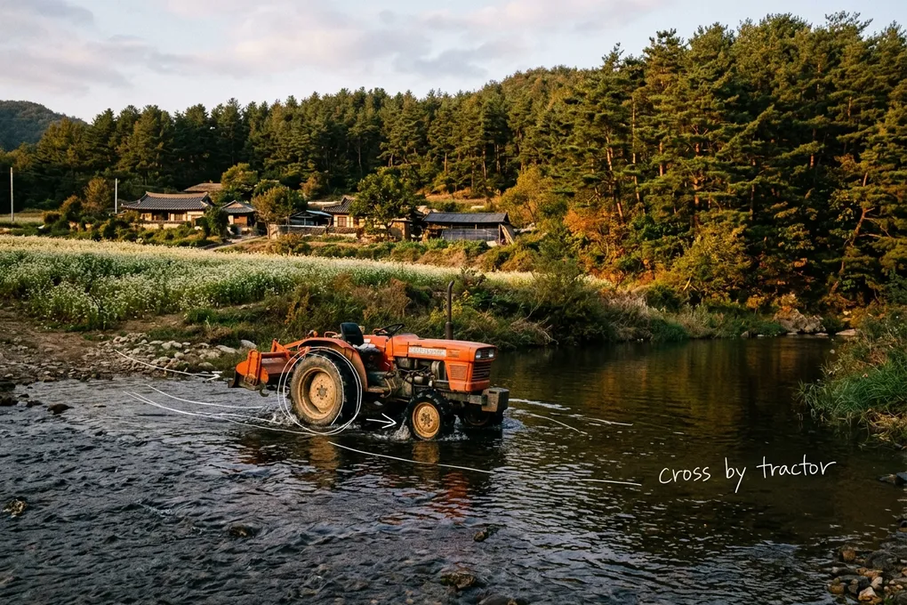 AI-generated orange farm tractor crossing a golden dusk river beside a field of white buckwheat flowers, with low tile-roof farmhouses and a pine hillside. White lines trace the tractor, with the handwritten note cross by tractor.