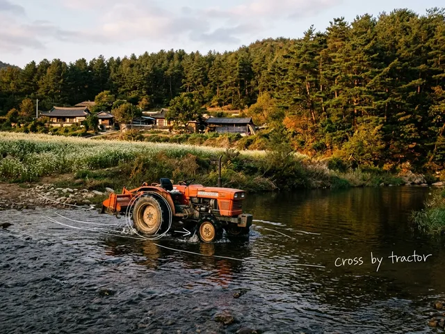AI-generated orange farm tractor crossing a golden dusk river beside a field of white buckwheat flowers, with low tile-roof farmhouses and a pine hillside. White lines trace the tractor, with the handwritten note cross by tractor.