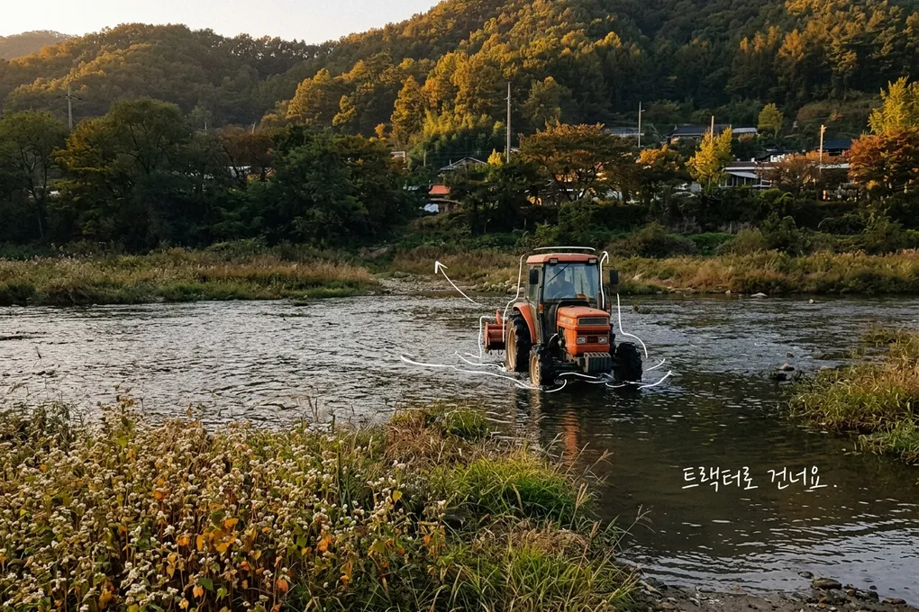 황금빛 저녁 강물을 가로지르는 주황색 트랙터와 강가의 메밀꽃밭, 단풍 든 산자락 마을을 담은 AI 생성 이미지. 트랙터에 흰 선이 얹혀 있고 '트랙터로 건너요' 손글씨가 있다.