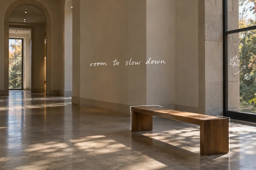 AI-generated museum corridor with a wooden bench, autumn trees through a window, and the handwritten words room to slow down.