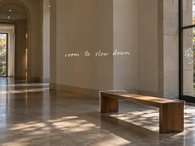AI-generated museum corridor with a wooden bench, autumn trees through a window, and the handwritten words room to slow down.