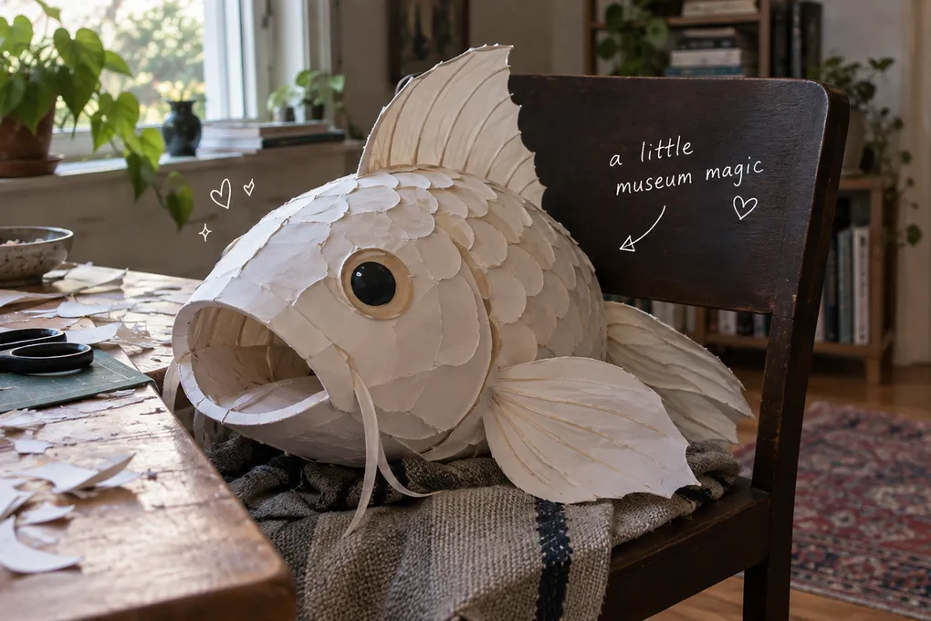 AI-generated white paper carp costume on a chair beside a craft table, with a short white handwritten museum note.