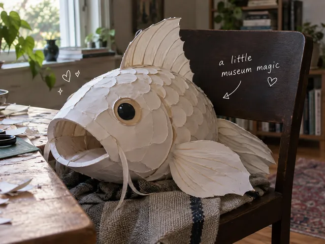 AI-generated white paper carp costume on a chair beside a craft table, with a short white handwritten museum note.