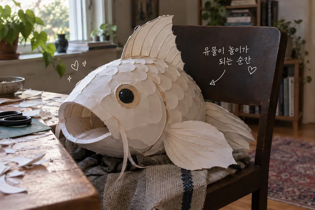 의자 위 흰 종이 잉어 분장과 공작 테이블, 짧은 박물관 손글씨를 담은 AI 생성 이미지.