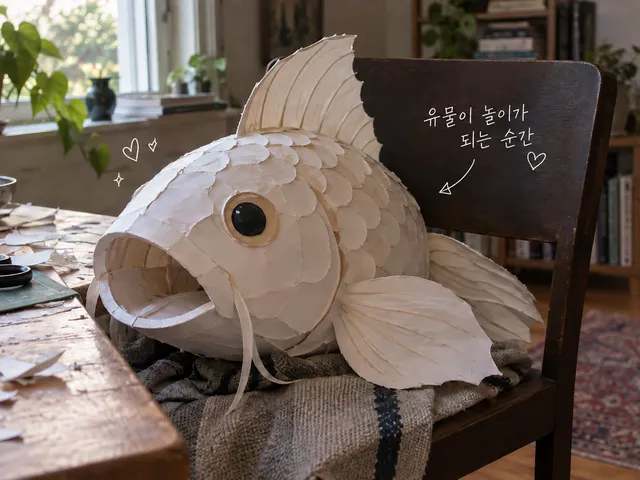 의자 위 흰 종이 잉어 분장과 공작 테이블, 짧은 박물관 손글씨를 담은 AI 생성 이미지.