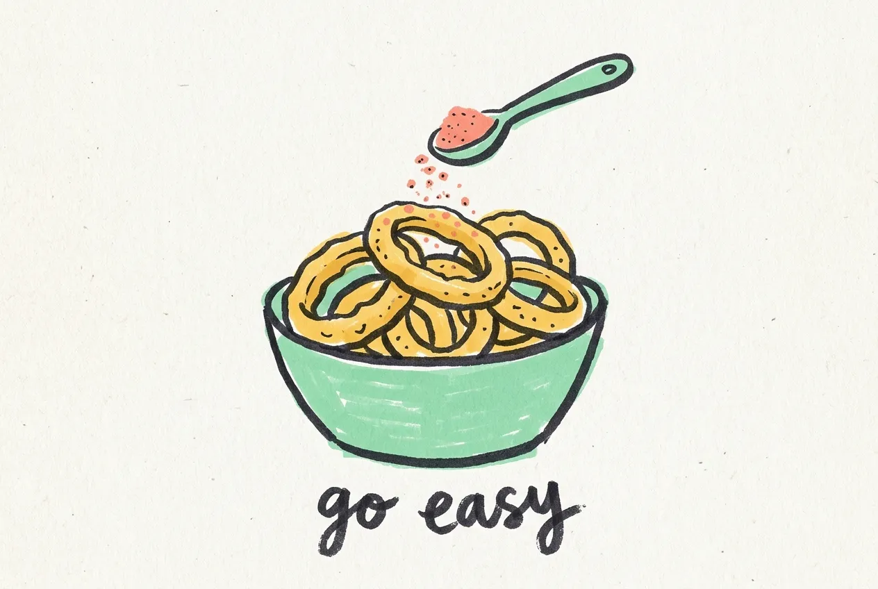 Marker illustration of a bowl of onion rings with red seasoning being sprinkled from a spoon, labeled go easy