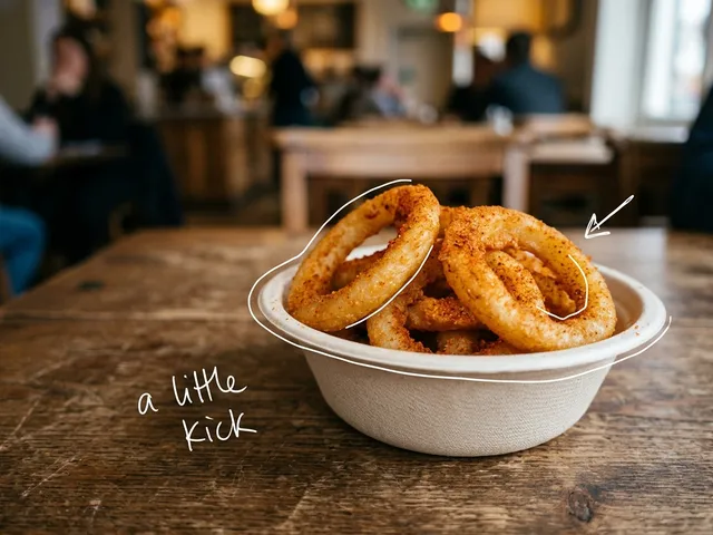 AI-generated paper bowl of onion ring snacks dusted with red seasoning on a wooden table, with thin white lines and the handwritten note a little kick.