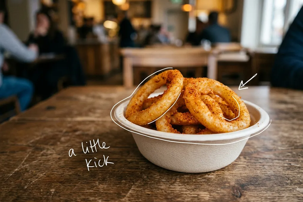 AI-generated paper bowl of onion ring snacks dusted with red seasoning on a wooden table, with thin white lines and the handwritten note a little kick.