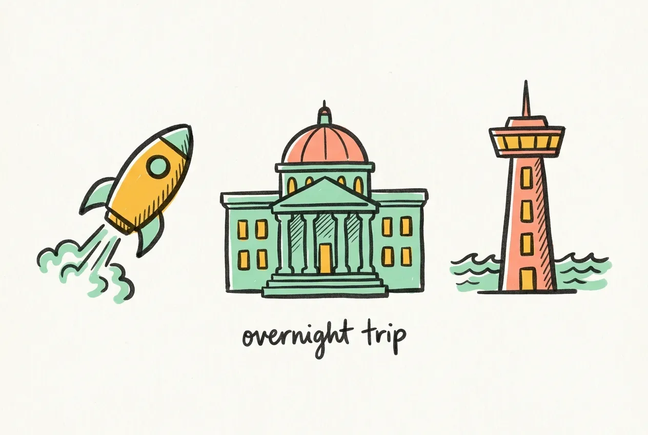 Marker illustration of a rocket, a museum building and a seaside tower, labeled overnight trip