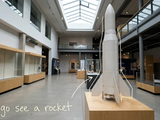 AI-generated white scale-model rocket on a wooden stand in a bright museum hall with a skylight, with thin white lines and the handwritten note go see a rocket; not a photo of the real museum.