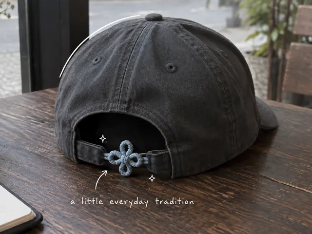AI-generated illustration of a dark baseball cap with a decorative cord knot at the back, with a small white handwritten note.