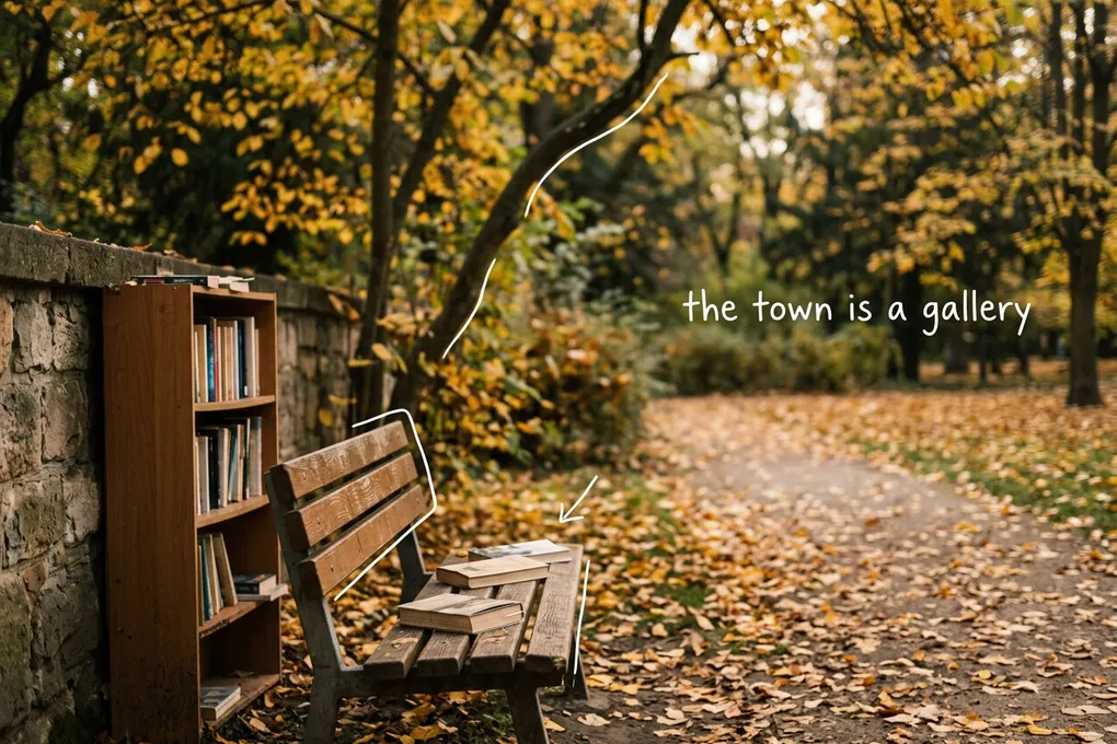 AI-generated outdoor reading corner with a wooden bookshelf and a bench in an autumn park, with thin white lines and the handwritten note 'the town is a gallery'.
