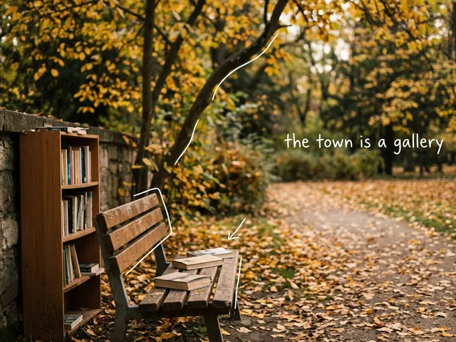 AI-generated outdoor reading corner with a wooden bookshelf and a bench in an autumn park, with thin white lines and the handwritten note 'the town is a gallery'.