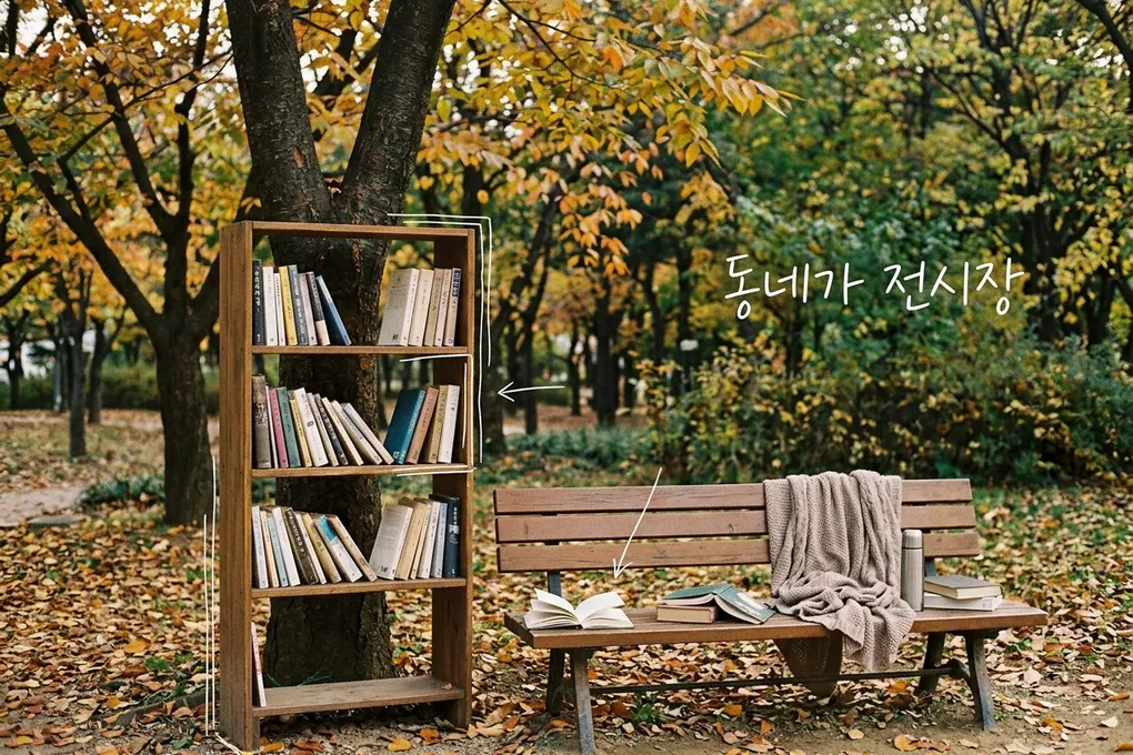 노랗게 물든 가을 공원에 나무 책장과 벤치가 놓인 야외 독서 공간을 담은 AI 생성 이미지. 흰 선과 ‘동네가 전시장’ 손글씨가 얹혀 있다.