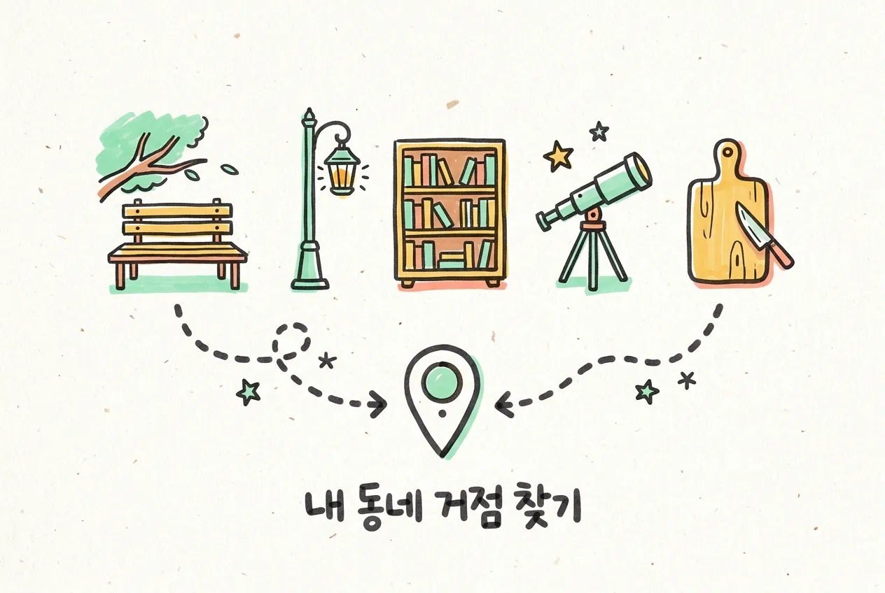 벤치와 가로등, 책장, 작은 망원경, 나무 도마 아이콘이 지도 핀 하나로 이어지는 모습과 ‘내 동네 거점 찾기’ 손글씨를 마커로 그린 일러스트