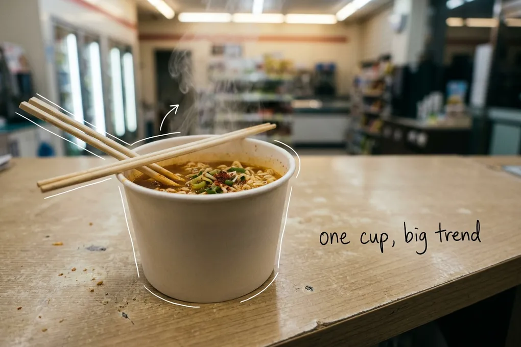AI-generated plain paper cup of instant noodles with steam and chopsticks on a convenience-store counter, with thin white lines and the handwritten note one cup, big trend.