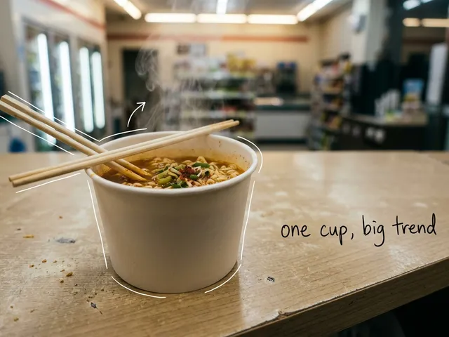AI-generated plain paper cup of instant noodles with steam and chopsticks on a convenience-store counter, with thin white lines and the handwritten note one cup, big trend.