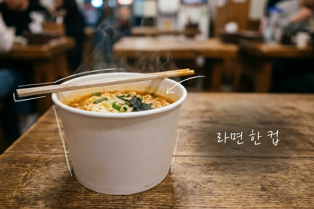 나무 테이블 위에 젓가락을 걸친 무지 종이컵 라면에서 김이 오르는 모습을 담은 AI 생성 이미지. 흰 선과 ‘라면 한 컵’ 손글씨가 얹혀 있다.