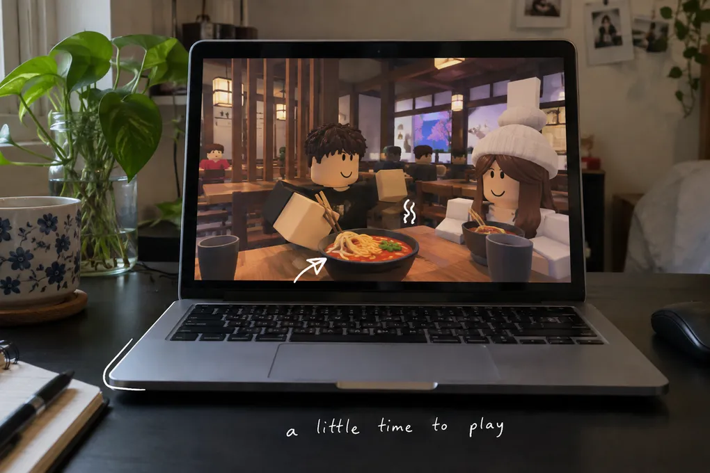 AI-generated scene of a laptop showing blocky avatars sharing soup in a fictional virtual restaurant, with white handwritten notes.