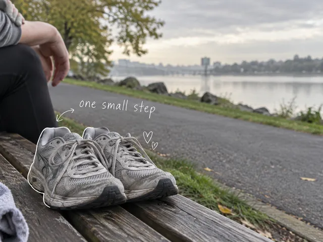 AI-generated worn running shoes on a riverside bench, with an anonymous seated figure and the handwritten words one small step.