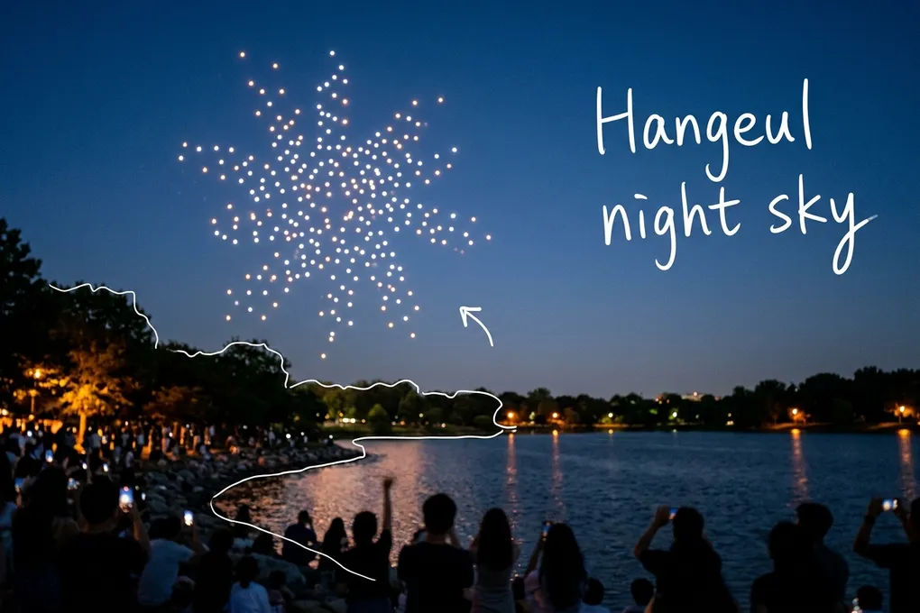 AI-generated night sky over a lake park with small drone lights gathered in a starburst shape and people's silhouettes on the shore, with thin white lines and the handwritten note 'Hangeul night sky'.