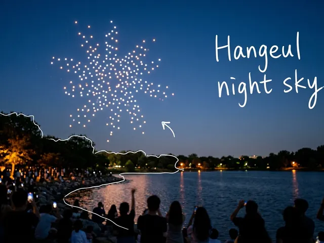 AI-generated night sky over a lake park with small drone lights gathered in a starburst shape and people's silhouettes on the shore, with thin white lines and the handwritten note 'Hangeul night sky'.