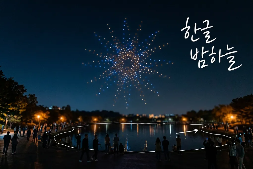 밤 호숫가 공원 위 하늘에 작은 드론 불빛이 별 모양으로 모여 있고 호숫가에 사람들의 실루엣이 보이는 AI 생성 이미지. 흰 선과 ‘한글 밤하늘’ 손글씨가 얹혀 있다.
