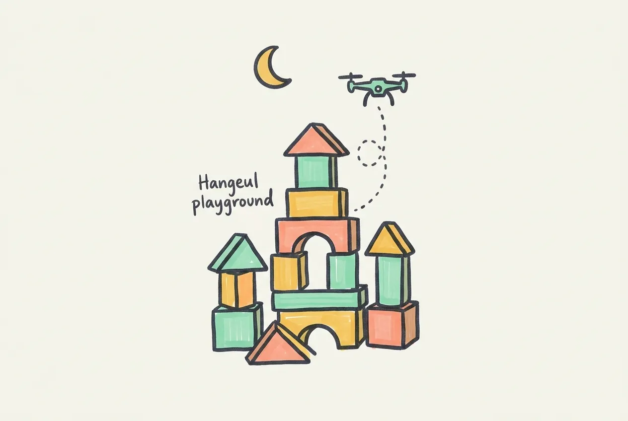 Marker-drawn pile of colorful wooden play blocks with a small drone and a crescent moon, with the handwritten note 'Hangeul playground'